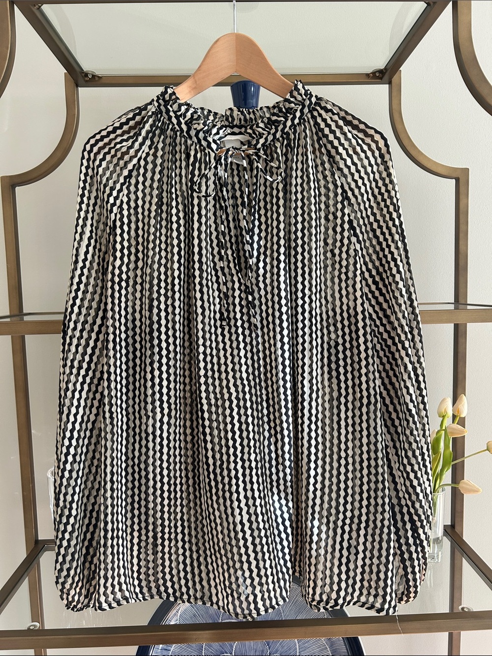 H&M Black and Cream Zigzag Tie-Neck Blouse